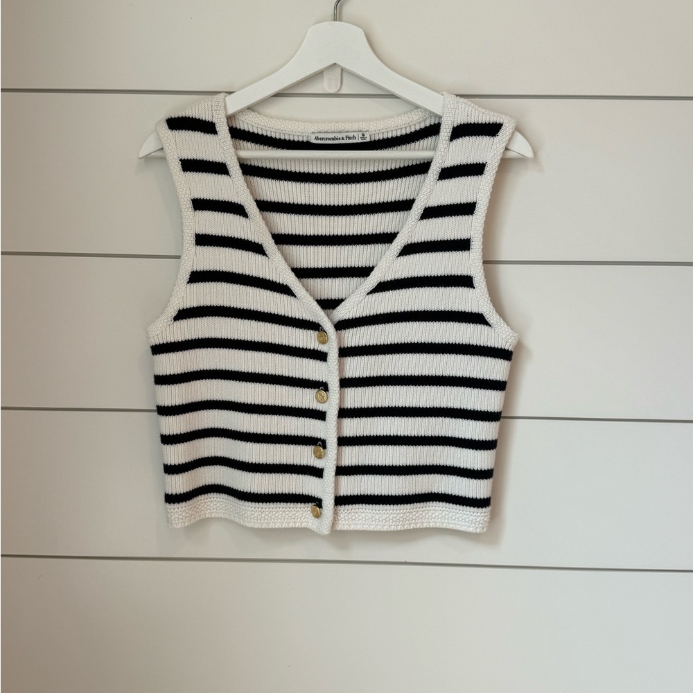 Abercrombie & Fitch Navy and White Striped Gold Button Sweater Vest